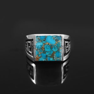 Blue Copper Turquoise Mens Ring: Sterling Silver Statement Ring