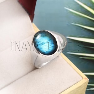 Natural Labradorite Men&#39;s Ring: Handmade 925 Sterling Silver Boho Ring