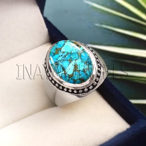Blue Copper Turquoise Mens Ring: Solid Sterling Silver Statement Ring