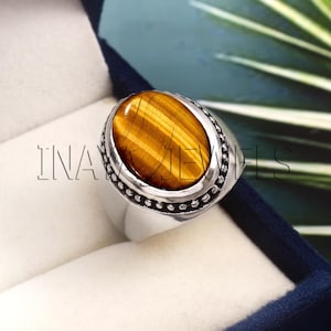 Tiger&#39;s Eye Sterling Silver Signet Ring - Mens Gemstone Pinky Ring