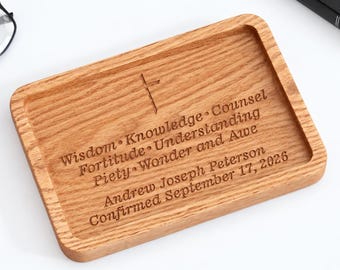 Personalized Catholic Confirmation Gift for Boy, Seven Gifts of the Holy Spirit, Wooden Catchall Tray with Cross, Gift for Godson