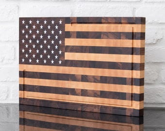 American Flag Cutting Board, End Grain Walnut Maple Serving Board, Patriotic Gift for Dad, Father’s Day Christmas Gift, Veteran Retirement