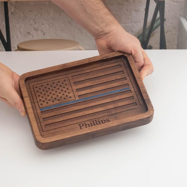 Engraved Police Officer Catchall Tray, American Flag Desk Organizer, Handcrafted Wooden EDC, Personalized Anniversary Gift for Him
