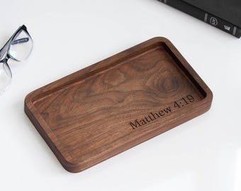 Engraved Bible Verse Catchall Tray, Personalized Christian Walnut Valet EDC, Faith Gift for him