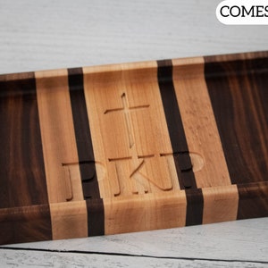 Christian Cross Multiwood Catchall Tray - Handcrafted Baptism, Confirmation, or Sponsor Gift for Religious Events Keepsakes Milestones