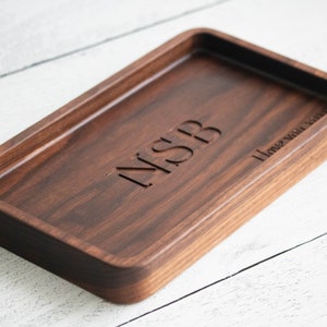 Personalized wooden catchall trinket tray for him, dump valet tray for men, key nightstand tray, monogrammed wood last name catch all vanity