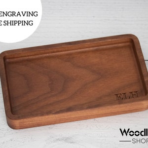 Small valet tray wood, rectangular walnut trinket tray, desk tray, wood catchall tray, personalized Christmas gift for him, monogram tray