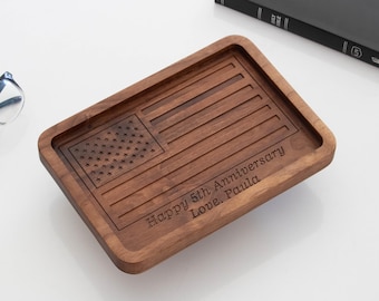 Personalized Walnut Valet Tray for Men, 5th Anniversary Gift for Husband, , Engraved American Flag Catchall, Nightstand Organizer