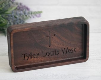 Personalized engraved catchall EDC tray, wooden personalized religious confirmation gift, communion gift for son, catholic baptism for him