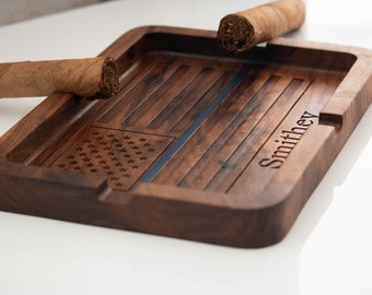 Custom engraved wood ashtray, Thin blue line for law enforcement, 5th Anniversary Gift for husband, Retirement gifts for police officer