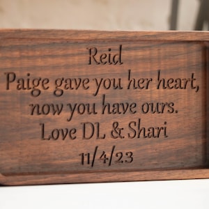 Groom Gift from Future In-Laws, Custom Message Engraved Valet Tray, Men&#39;s Desk Organizer, Wedding Day Keepsake for Son, Personalized Gift