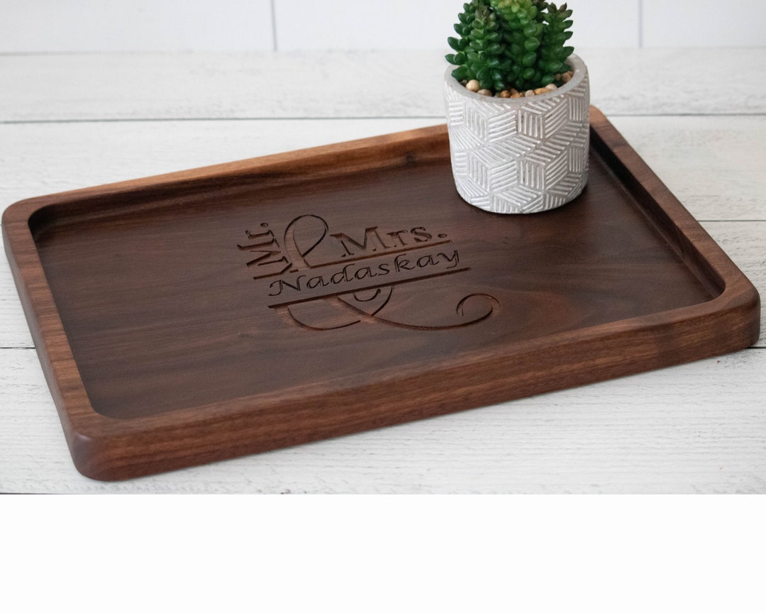 Personalized Walnut Monogram Ottoman Tray, Custom Serving Platter for