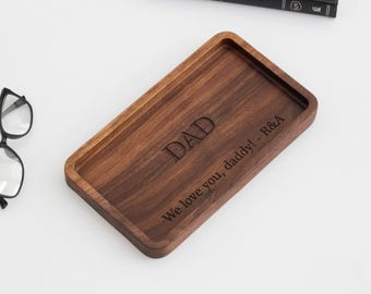 Personalized Walnut Catchall Tray for Dad, Father's Day Gift from Kids , Custom Valet Tray, Nightstand Organizer, Birthday Gift for Him