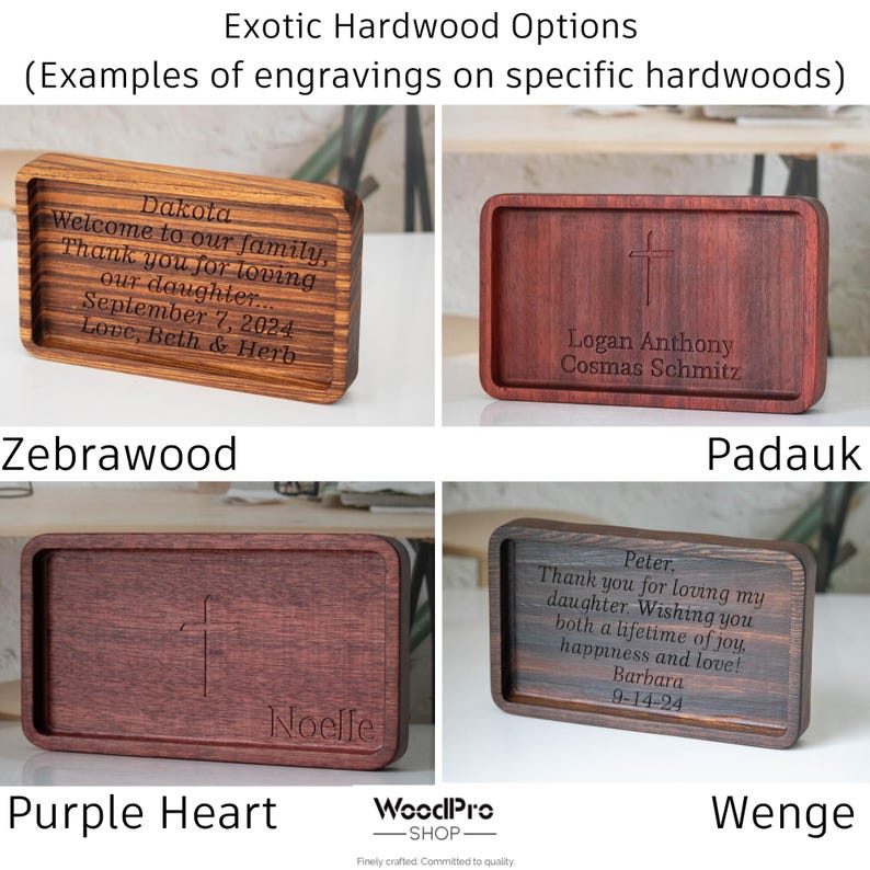 May include: Four rectangular wooden trays with engraved text and designs. The trays are made from zebrawood, padauk, purple heart, and wenge. Each tray features unique text, including names and dates, and a cross design.