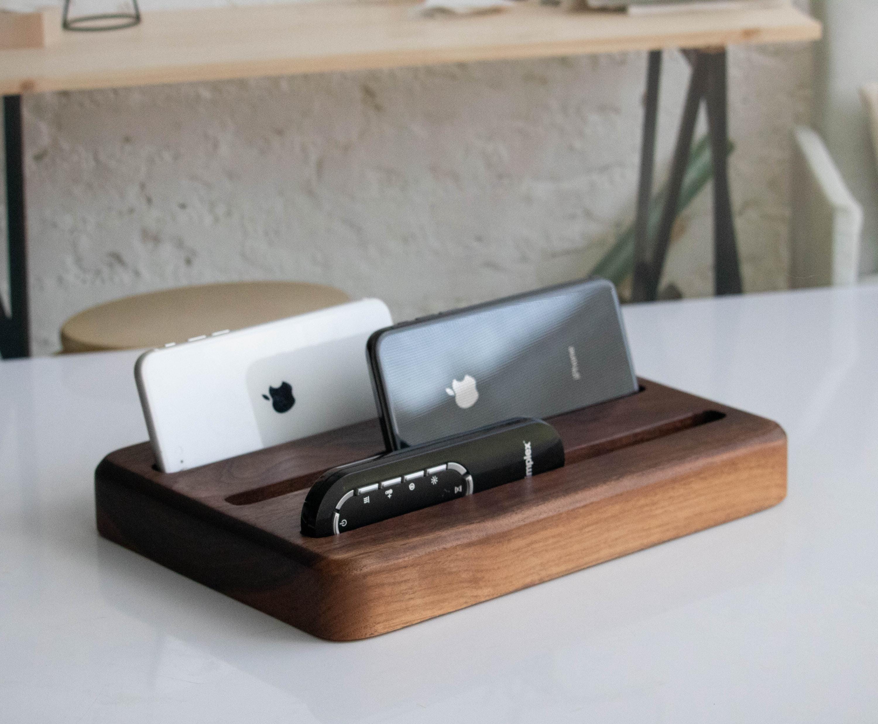 Personalized Remote Control Caddy for table, Walnut Minimalist Desk Organizer for him, Wood Phone Tablet holder, Christmas gift for parents