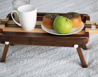 Breakfast tray with handles, Breakfast tray with dark wood folding legs, Breakfast tray personalized, Coffee table, Wooden serving tray