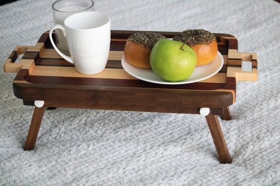  3 Pcs Acacia Bed Table Tray with Folding Legs and