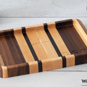 Handcrafted Multiwood Catchall Tray with Christian Cross for Baptism, Confirmation, or Sponsor Gift for Religious Occasions and Memorabilia