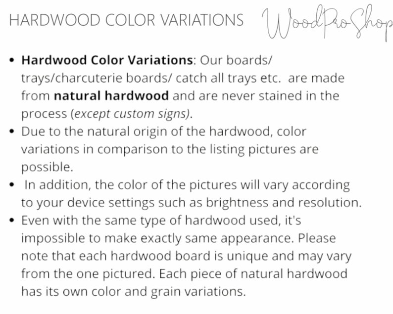 May include: Text explaining the natural color variations of hardwood boards. The text mentions that the boards are made from natural hardwood and are not stained. It also explains that the color of the boards may vary due to the natural origin of the wood and the device settings used to view the images.