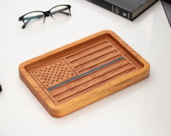 Thin Blue Line Red Oak Catchall Tray, Police Blue Epoxy Wooden Valet Organizer