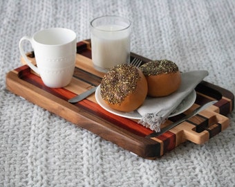 Handmade Wooden Breakfast in Bed Tray with Folding Legs and handles engraved with custom text names, Customizable Breakfast Bed Lap Tray