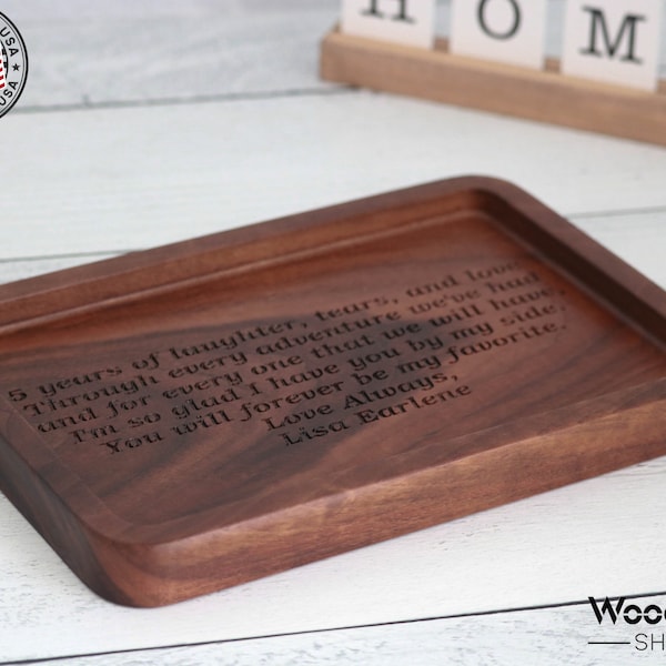 Bandeja Catchall de madera personalizada del quinto aniversario para él, un regalo sincero para su esposo, regalo personalizado del quinto aniversario de su esposa