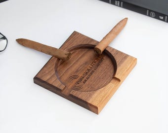 Wood Cigar Ashtray with Custom Logo, Personalized Business Gift, Corporate Client Appreciation Gift
