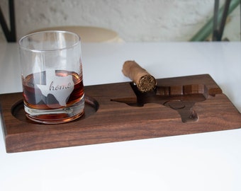 Custom Engraved Whiskey and Cigar Pairing Tray - Bourbon Ashtray Combo - Gift for Husband - Personalized for Father&#39;s Day & Valentine&#39;s Day