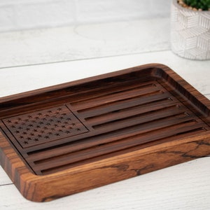 5th Year Anniversary Gift, Custom American Flag Engraved Wood Tray, Personalized Catchall with Message, Wood Keepsake for Couples Five-Year