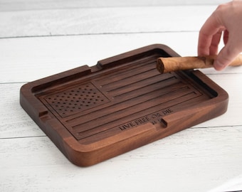 Cigar ashtray for him holder personalized tray Gift for husband Best Friend gift Engraved American Flag Wood US Live free or die gift
