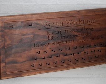 Personalized engraved wood swim medal holder hanger organizer, custom name wood sign, medal display Running marathon, running accessories