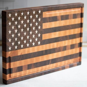Patriotic Handmade American Flag End Grain Maple Walnut Cutting Board with White Epoxy Filled Stars, Unique Home Decor gift for father&#39;s day