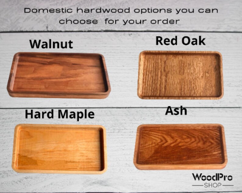 May include: Four wooden trays in different wood types: walnut, red oak, hard maple, and ash. The trays are all rectangular and have a natural wood finish. The text "WoodPro - SHOP" is at the bottom of the image.