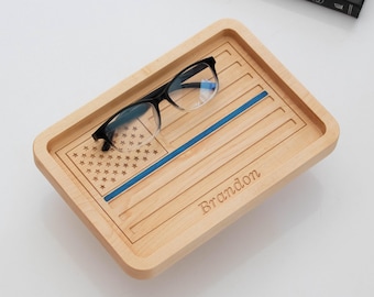 Personalized Thin Blue Line Wooden Valet Tray, Police Officer Gift, Engraved American Flag Catchall, Law Enforcement Retirement for Men