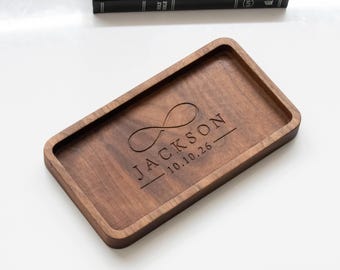 Personalized Handmade Jewelry  Dish,  Wooden Ring Tray, Groom Gift from Bride, Gift for Future Husband, Engraved Last Name and Wedding Date