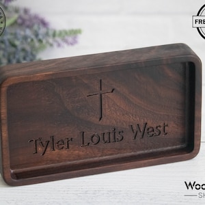 Personalized engraved catchall EDC tray, wooden personalized religious confirmation gift, communion gift for son, catholic baptism for him image 1