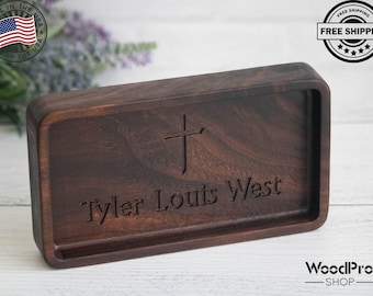 Personalized engraved catchall EDC tray, wooden personalized religious confirmation gift, communion gift for son, catholic baptism for him