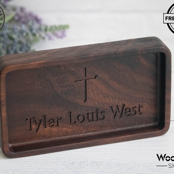 Personalized engraved catchall EDC tray, wooden personalized religious confirmation gift, communion gift for son, catholic baptism for him