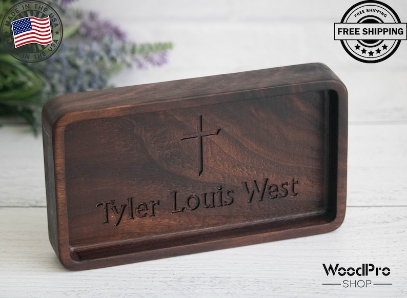 Personalized engraved catchall EDC tray, wooden personalized religious confirmation gift, communion gift for son, catholic baptism for him image 1