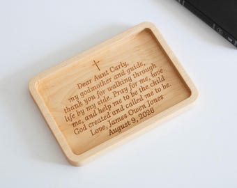 Personalized Godmother Gift, Baptism Gift for Godfather, Engraved Catchall Wood Tray, Confirmation Sponsor Catholic Keepsake