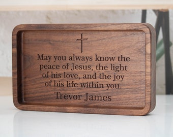 Handcrafted wooden tray with cross for first communion, Religious catchall tray gift from sponsor, Personalized wooden Baptism gift for boy