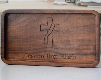 Personalized Wooden Catchall Tray with Engraved Deacon Cross, Custom Gift for Reverend or Deacon, Wood Organizer with Religious Symbol