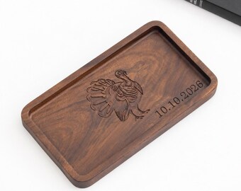 Personalized Groomsman Gift for Hunter, Turkey Engraved Wood Valet Tray, Custom Wedding Date Catchall