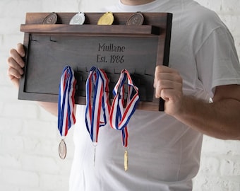 Solid Wood Medal Display Holder with Bib Hooks Coin Groove, Personalizable Runner Gift, Multi-Functional Sport Achievement Organizer for him