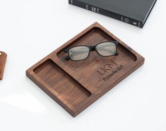 Handmade Wooden Catchall Walnut Tray, Two Compartment Desk Organizer, Father's Day Gift for him
