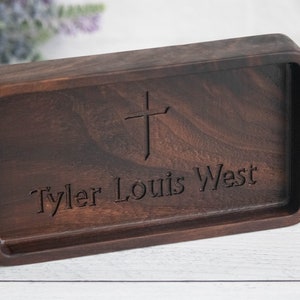 Personalized engraved catchall EDC tray, wooden personalized religious confirmation gift, communion gift for son, catholic baptism for him image 4