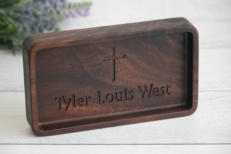 Personalized engraved catchall EDC tray, wooden personalized religious confirmation gift, communion gift for son, catholic baptism for him image 4