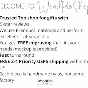 Op de afbeelding: Tekst overlay op een witte achtergrond met de woorden "WELCOME TO WoodPro Shop" bovenaan. De tekst hieronder somt de voordelen op van winkelen bij WoodPro Shop, waaronder gratis graveren, snelle doorlooptijd en gratis 2-4 dagen prioriteit USPS-verzending binnen de VS. De tekst onderaan zegt "WoodPro SHOP".
