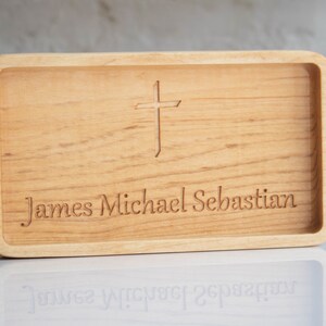 Personalized engraved catchall EDC tray, wooden personalized religious confirmation gift, communion gift for son, catholic baptism for him image 5