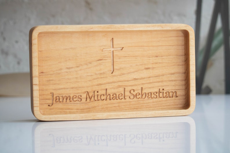 Personalized engraved catchall EDC tray, wooden personalized religious confirmation gift, communion gift for son, catholic baptism for him image 5